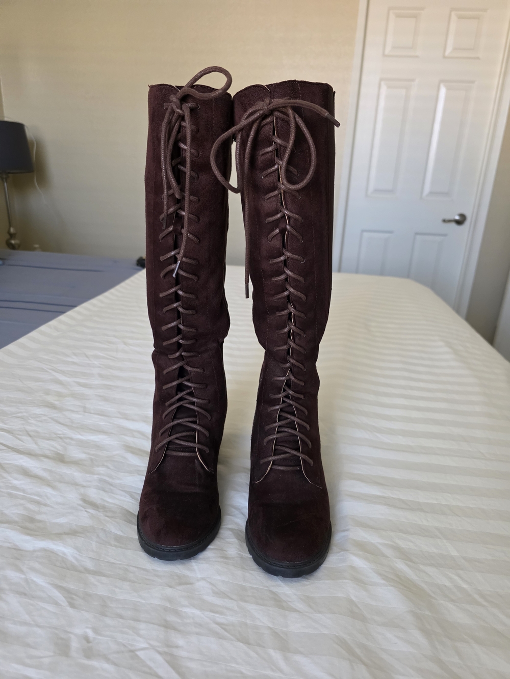 Women’s Lace-Up Knee High Boots - Deep Burgundy